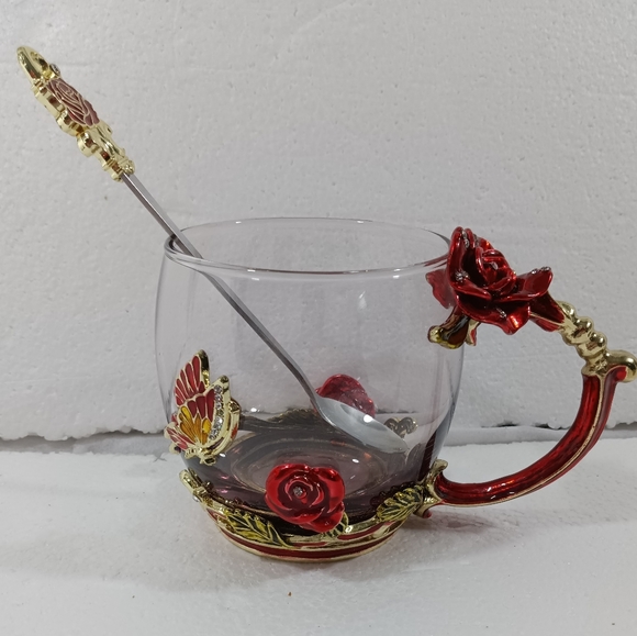 Butterfly Rose Enamel Glass Mug With Spoon Set Valentine's Day - Picture 7 of 15